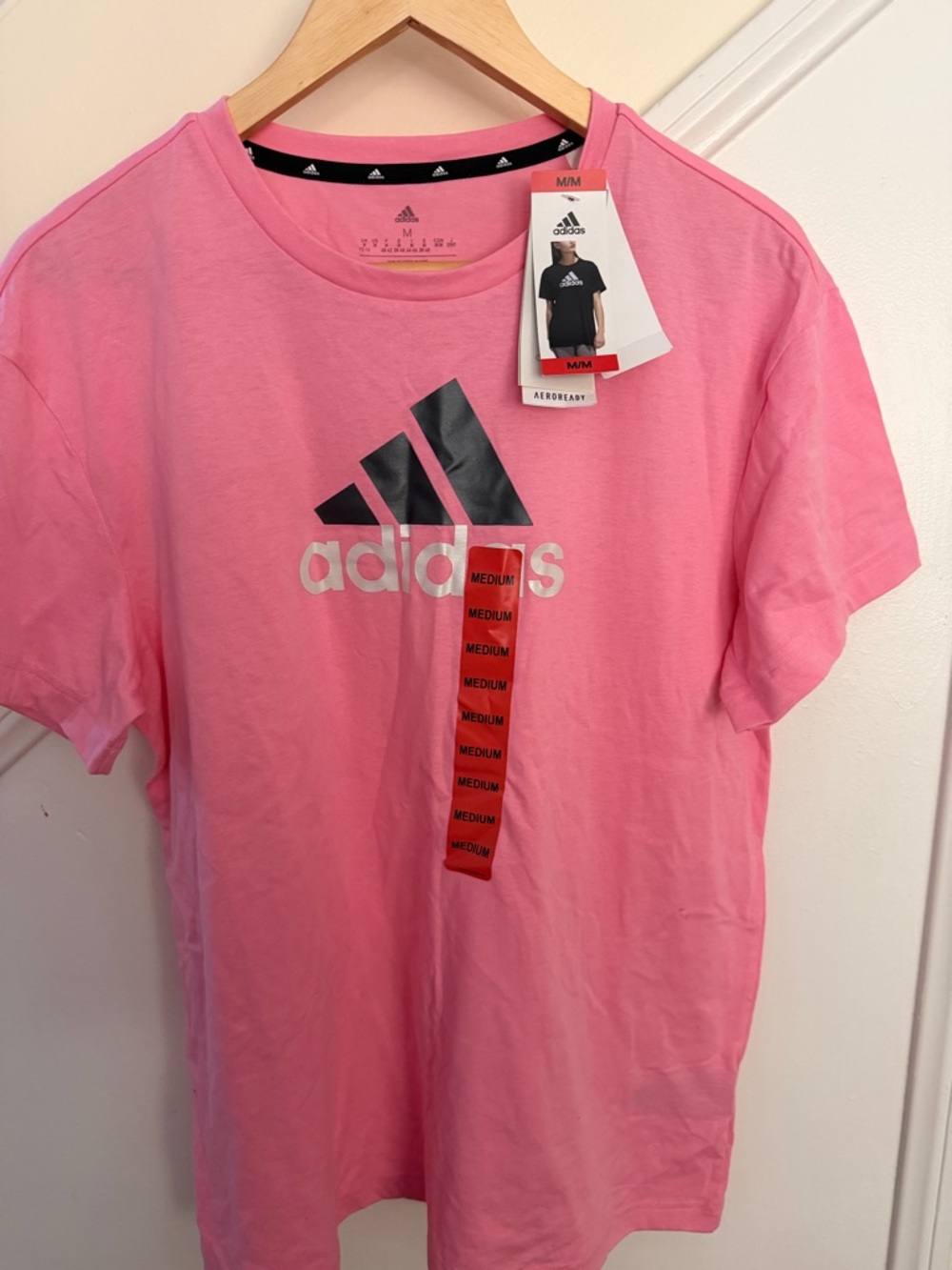 adidas Pink Short Sleeve Tee with Black Logo and White Script